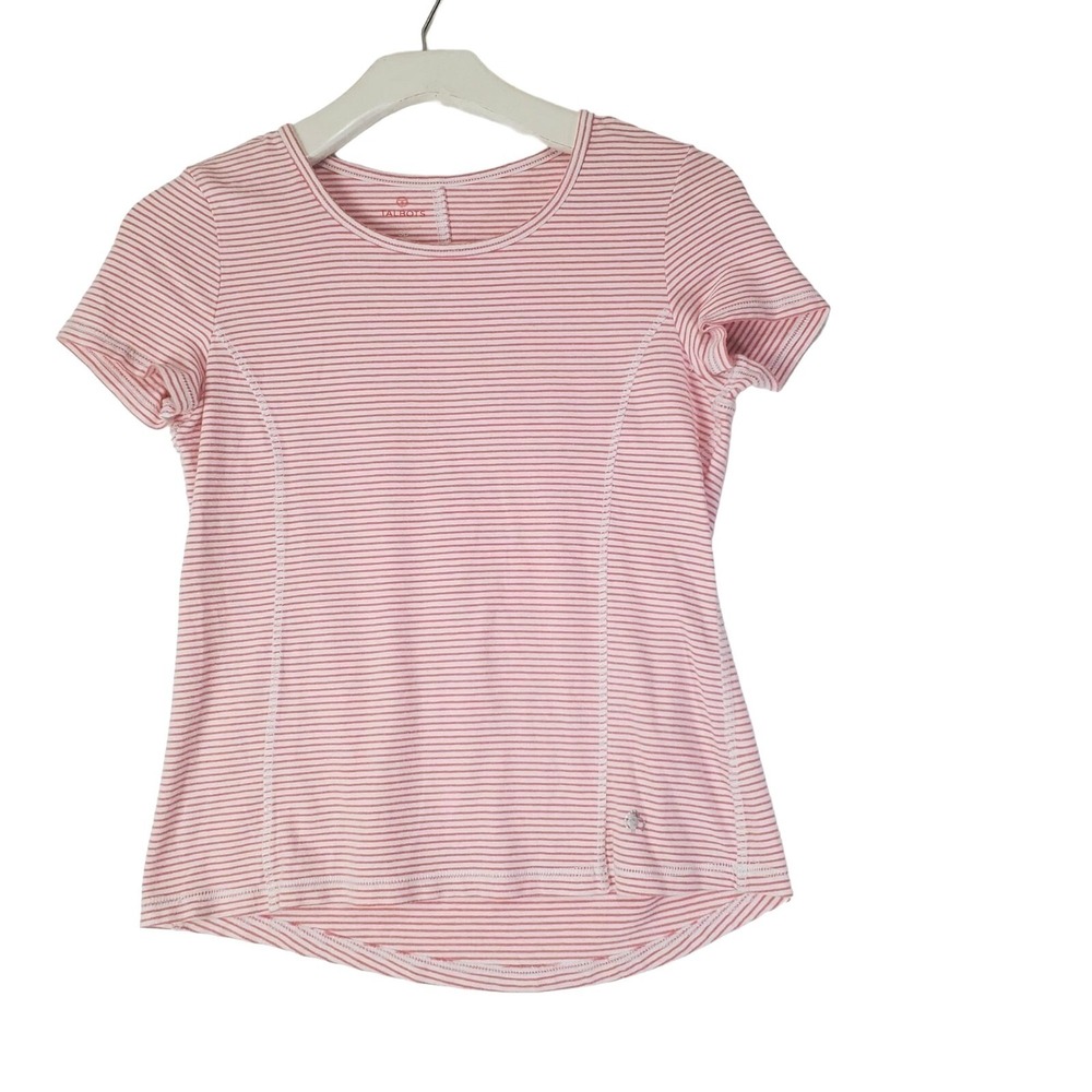 Talbots Womensβ Preppy Nautical Coastal Striped Shirt SP Top Pink Curved Hem
